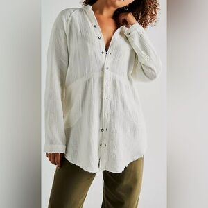 We The Free Gauze Button Down Shirt Boho Beachy Raw Hem Slouchy Oversized
